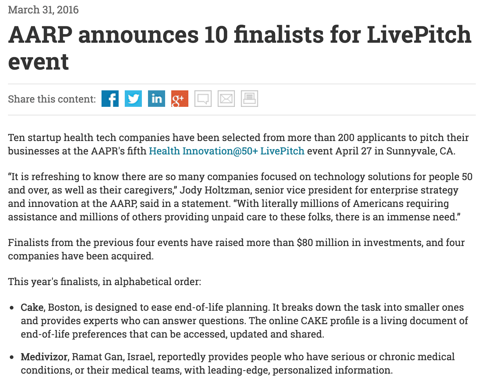 Ten startup health tech companies have been selected from more than 200 applicants to pitch their businesses at the AAPR's fifth Health Innovation@50+ LivePitch event April 27 in Sunnyvale, CA.