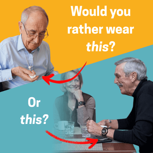 An image showing two men. One is wearing a bulky medical alert pendant. The other is wearing a sleek Kanega Watch.