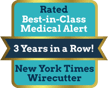A badge celebrating the Kanega Watch being named a best-in-class medical alert system by New York Times Wirecutter for 3 years in a row.