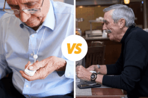 Two older men, one with a traditional medical alert pendant and another with a modern medical alert smartwatch