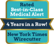 A badge celebrating the Kanega Watch being named a best-in-class medical alert system by New York Times Wirecutter for 4 years in a row.
