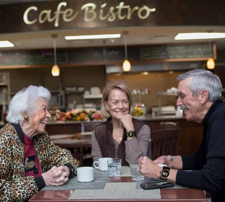 Three seniors enjoying coffee together while wearing Kanega Watches