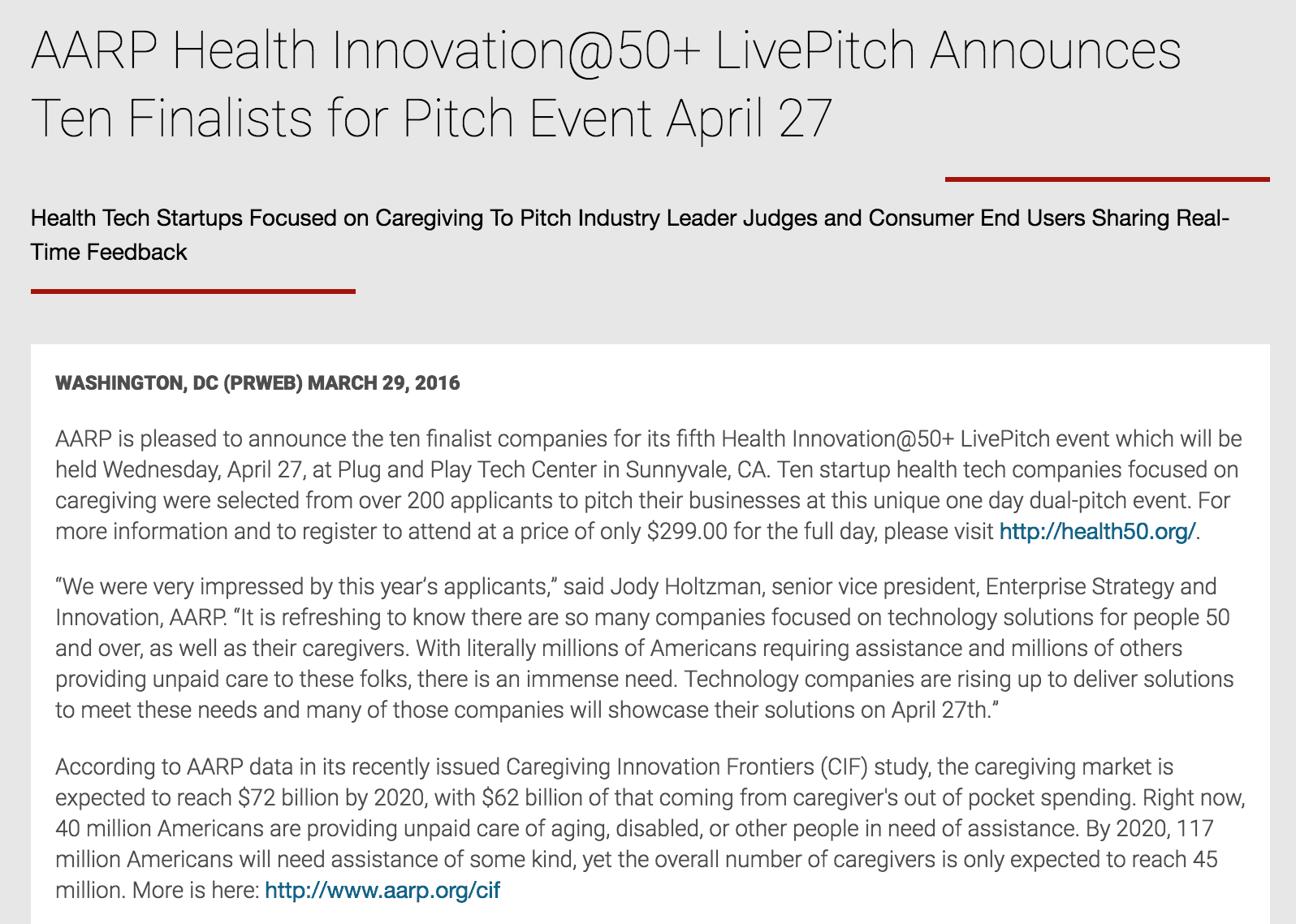 AARP Health Innovation@50+ LivePitch Announces Ten Finalists for Pitch Event April 27