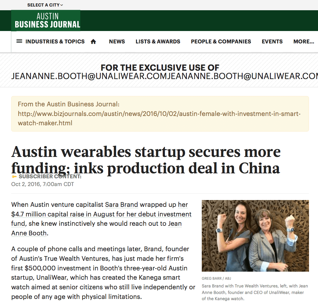 UnaliWear: Austin wearables startup secures more funding; inks production deal in China