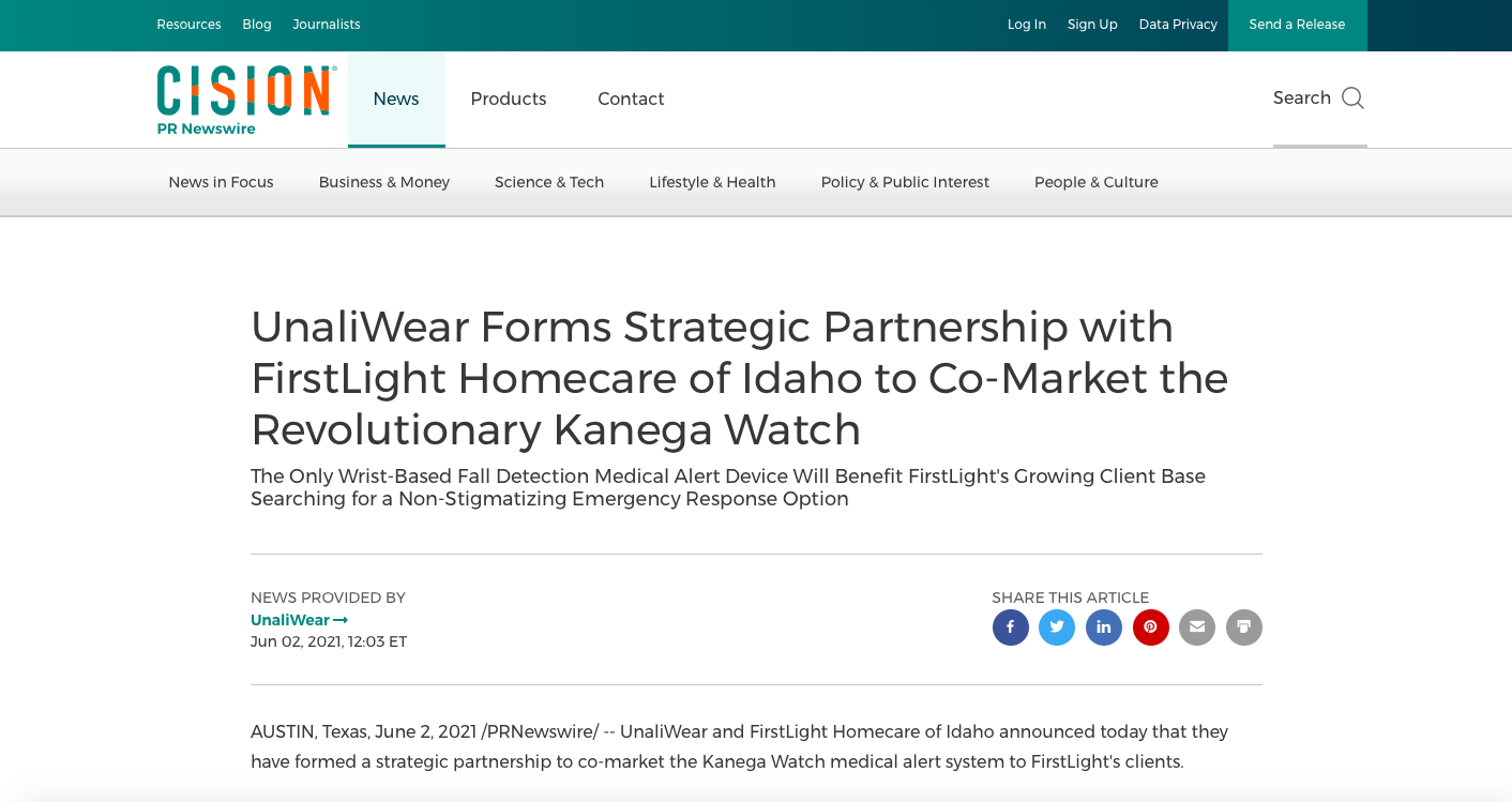 UnaliWear Forms Strategic Partnership with FirstLight Homecare of Idaho to Co-Market the Revolutionary Kanega Watch