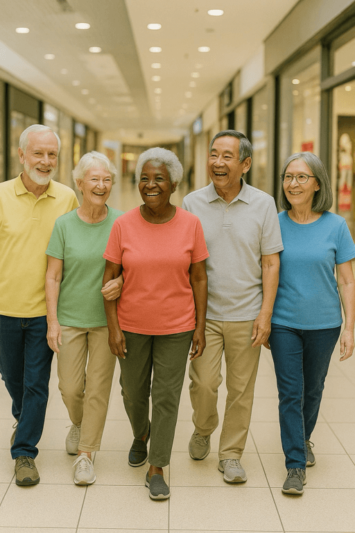 A group of seniors smiling and walking in a mall.