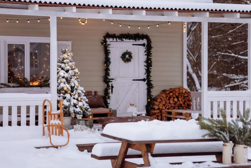 Snowy front porch with lights on a winter day